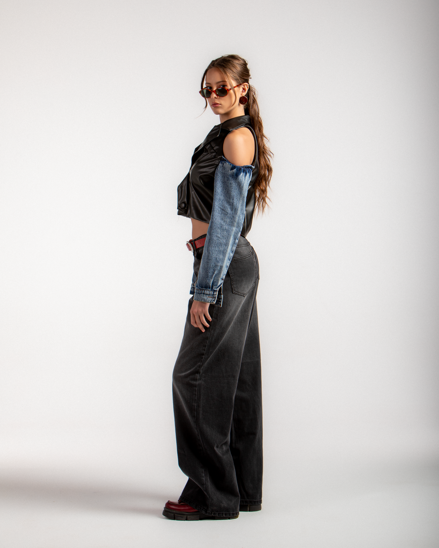 Cutout Faux Leather & Denim Jacket