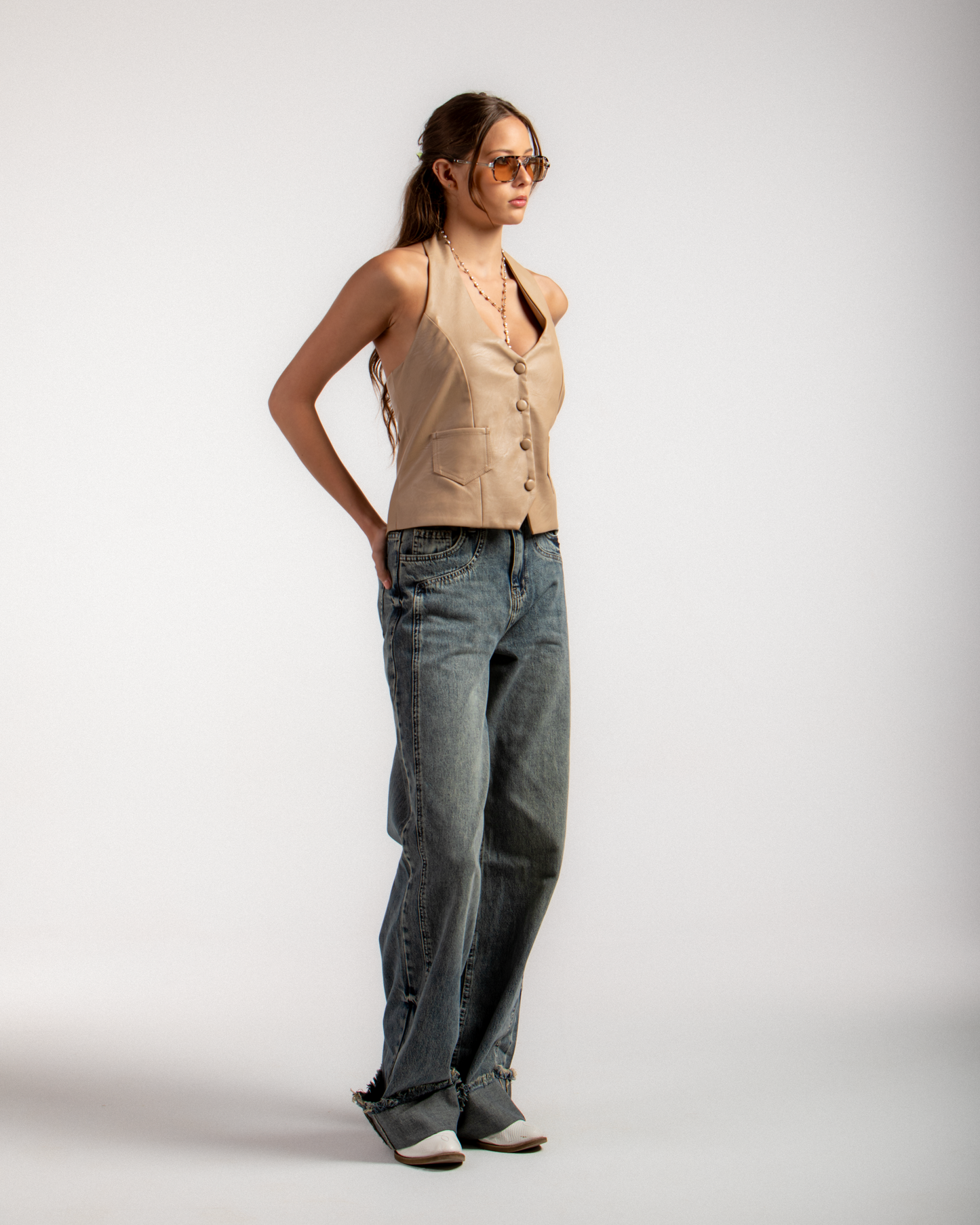 Faux Leather Button-Up Halter Vest