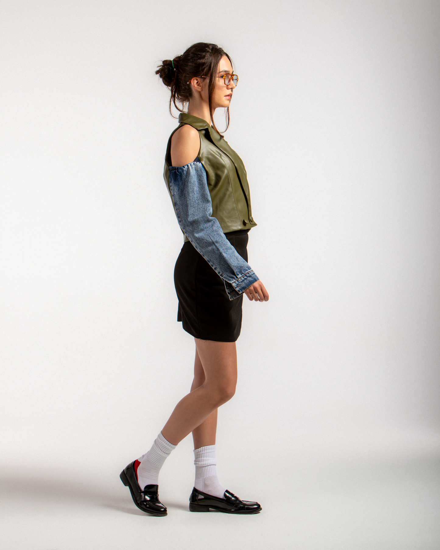 Cutout Faux Leather & Denim Jacket