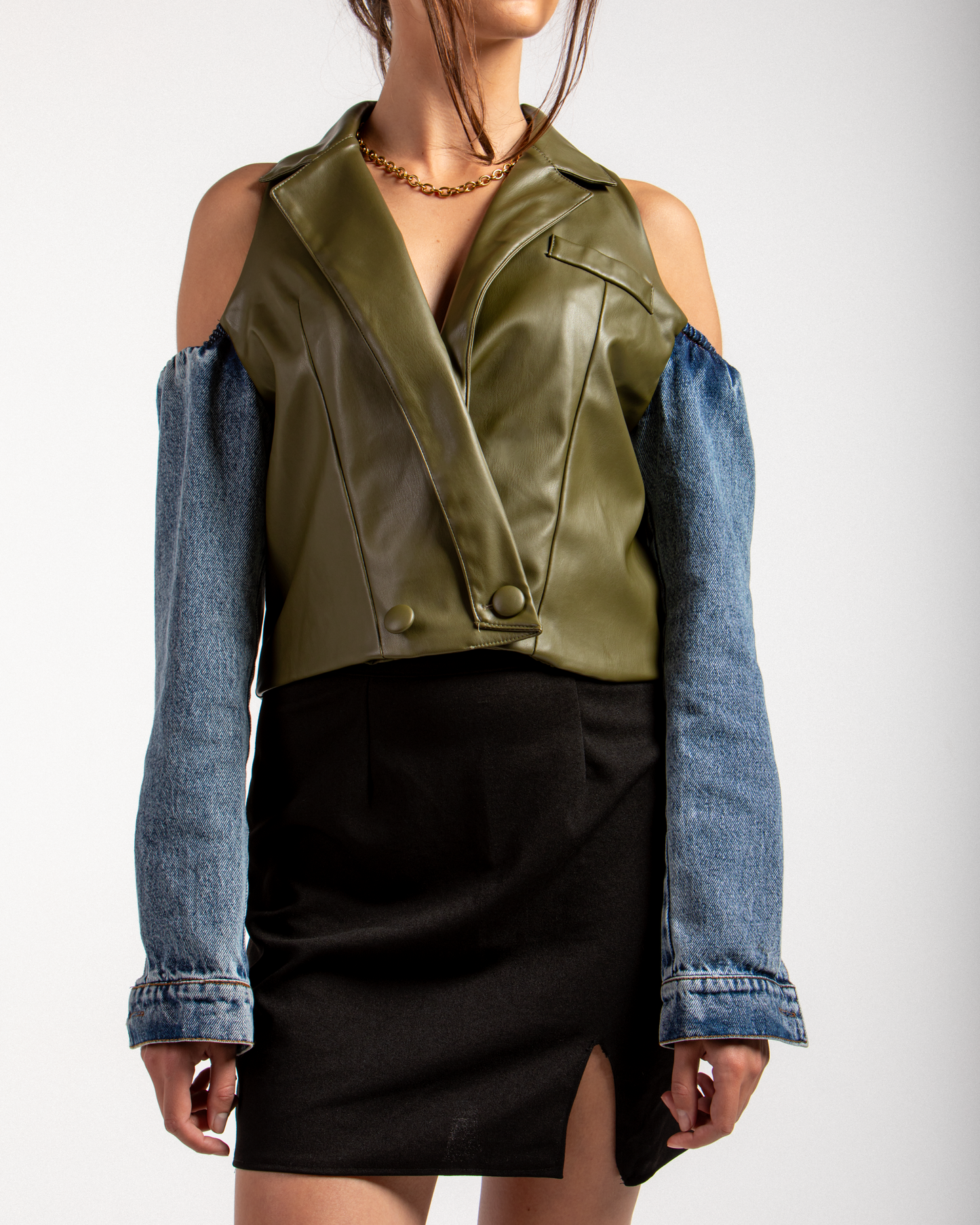 Cutout Faux Leather & Denim Jacket