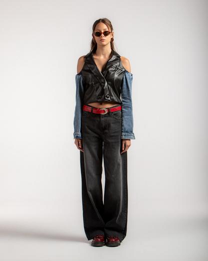 Cutout Faux Leather & Denim Jacket