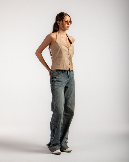 Faux Leather Button-Up Halter Vest