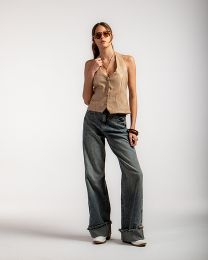 Faux Leather Button-Up Halter Vest