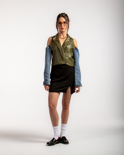 Cutout Faux Leather & Denim Jacket