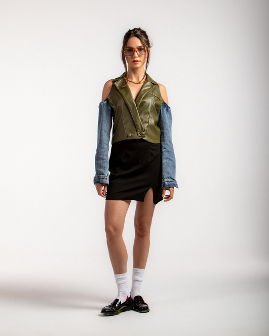 Cutout Faux Leather & Denim Jacket