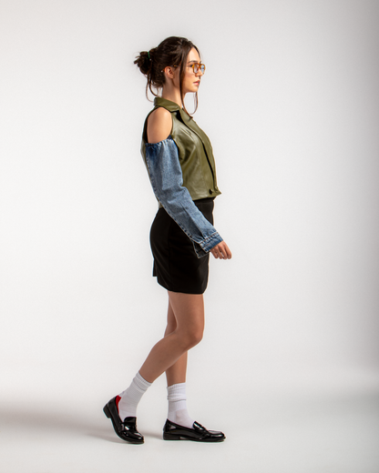 Cutout Faux Leather & Denim Jacket