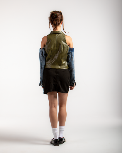 Cutout Faux Leather & Denim Jacket
